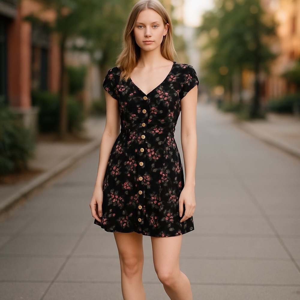 Milk Maid Style Black Floral Dress- Summer Night Out or Casual. Juniors XXL/19